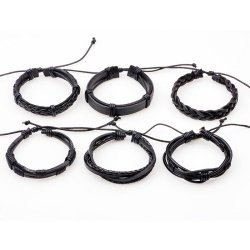 Кожаный браслет плетеный черный набор из 6 штук